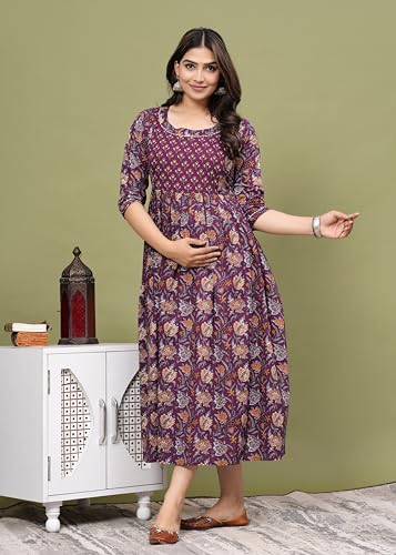 Image of Women's Feeding Kurta Cotton | Floral Anarkali Pregnancy Kurta with Nursing Zipper | Pre & Post Partum | Maternity Dresses | Mom to Be Gift
