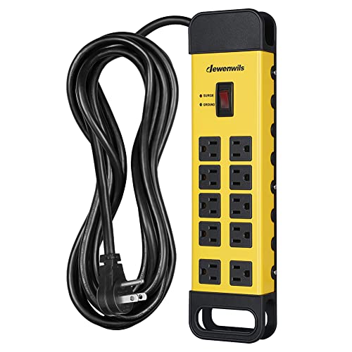 DEWENWILS 10-Outlet Metal Surge Protector Power Strip with 15Ft Cord, UL Listed, Flat Plug, 15A Circuit Breaker, 1440Joules, Heavy Duty Industrial Power Strip for Garage, Workshop, Wall Moun