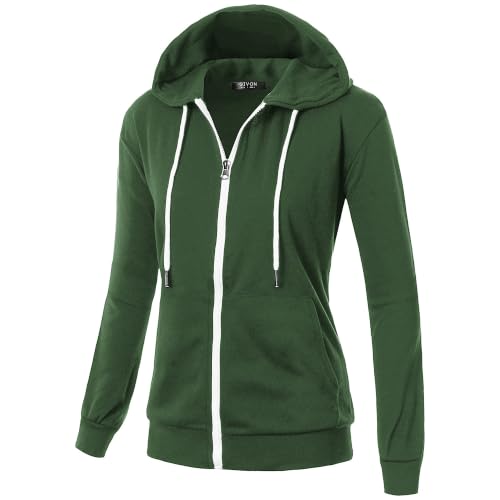 GIVON Women's Soft Cotton Blend Fabric Basic Full Zip Up Hoodie / DCF200-KHAKI-L