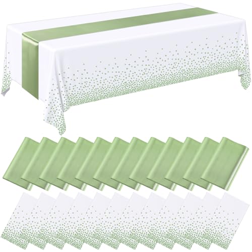 Image of Breling 24 Pack White and Sage Green Disposable Plastic Tablecloths and Satin Table Runner Set, 54 x 108 Inch Tablecloth, 12 x 108 Inch Table Runners for Wedding Graduation Birthday Baby Shower