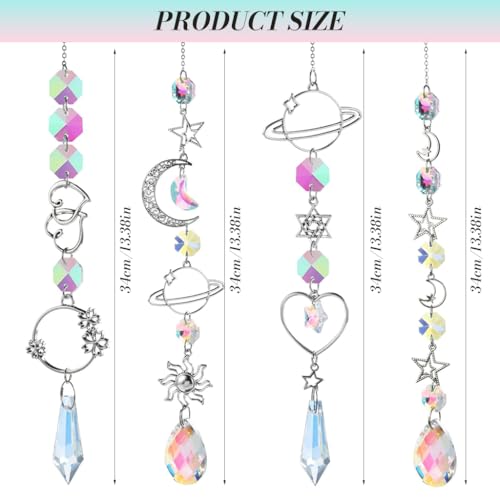 Image of HASTHIP 4Pcs Suncatcher Charm Room Decor, 34CM Sparkling Shining Crystal Sun Moon String Charm Hanging Ornament Wind Chime Suncatcher Charm for Door, Room, Gift