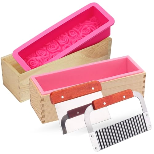 6 Pack Soap Making Silicone Loaf Molds with Wood Boxes & Cutters - 42oz Classic & Rose Loaf Molds, 2pcs Wood Mold Holders, Straight & Crinkle Slicer for Soap, DIY Soap Kit Supplies Accessories & Tools