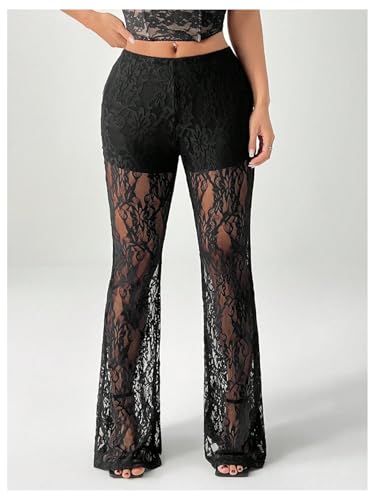 Verdusa Women's Plus Size Floral Lace Flare Pants Goth Sheer High Waist Rave Trousers4