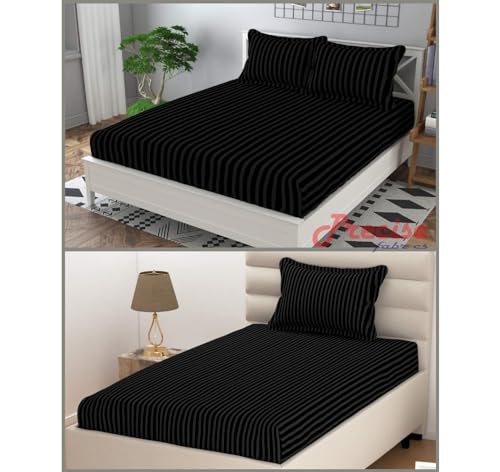 Image of Combo Pack of 2 Elastic Fitted Bedsheet 1 for Double Bed and 1 for Single Bed of Same Print 200TC(Plain Black)