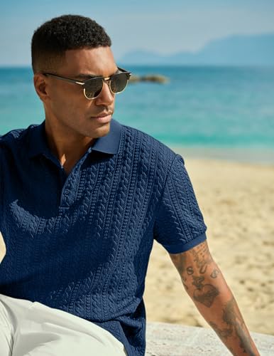 Image of JMIERR Men's Cable Knit Polo Shirts Elasticity Short Sleeve | Men's cable knit polo shirt with elasticity, machine wash, short sleeve, breathable textured knit for spring summer