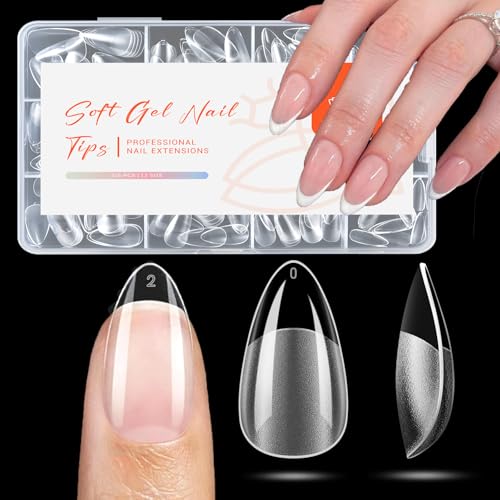 Image of Modelones Almond Nail Tips Short Clear Soft Gel Fake Press On Nails Tip | Soft Gel Nail Tips Half Matte Full Cover Clear Acrylic Gel False Press on Extension 12 Sizes