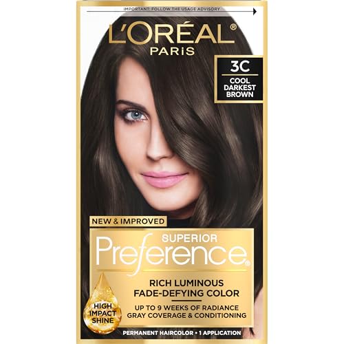 L'Oreal Paris Superior Preference Luminous Fade-Defying Permanent Hair Color, Hair Dye For Up to 9 Weeks of Radiance, Cool Darkest Brown 3C, 1 Hair Dye Kit