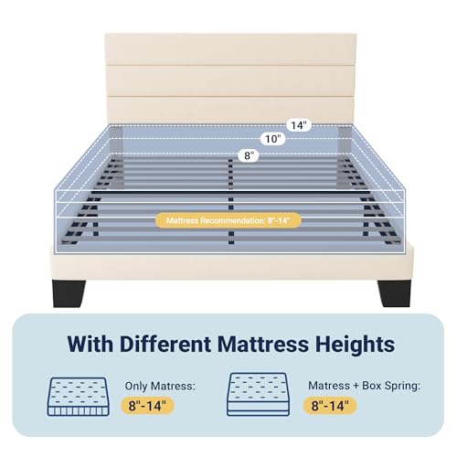 Image of Allewie Queen Size Platform Bed Frame with Velvet Upholstered Headboard and Wooden Slats Support, Fully Upholstered Mattress Foundation /No Box Spring Needed /Easy Assembly, Cream