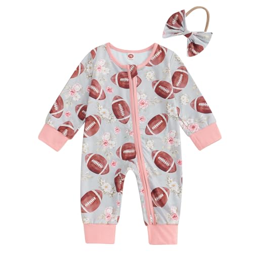 2Pcs Baby Girl Football Outfits Long Sleeve Flower Print Jumpsuit Romper with Headband Set Infant Clothes
