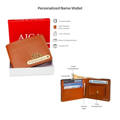 Image of AICA Personalized Name & Charm Leather Wallet Mens Combo & Led Lamp Giftset (Tan Brown) | Customized Birthday Anniversary Wedding Gifts for Brother Husband Father Boyfriend Boy Friend | Gifts Hamper