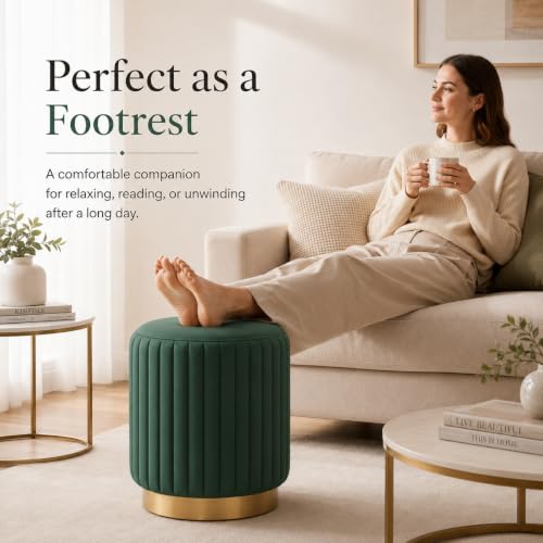 Image of ShadowKart Designer Velvet Round Footstool Ottoman with Sturdy Gold Metal Band Base for Home Decor & Extra Seating, Lightweight Pouf Stool for Sofa Side & Bedroom, 16x16x17 Inch (Green)