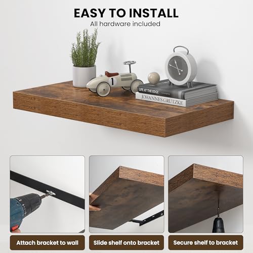Image of Dreamland 32 inch Floating Shelves for Wall, 12 inch Deep Thicker Floating Shelves, Wall-Mounted Shelves for Bedroom, Living Room, Kitchen, Bathroom,Rustic Brown - Set of 2