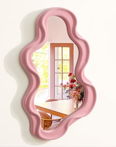 TEIPAI Small Cute Pink Wavy Wall Mirror Decor for Teen Girl Women Bedroom