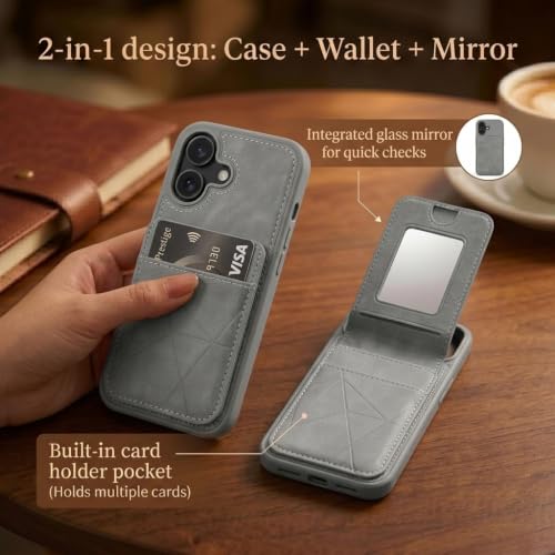 Image of amazon basics Premium Vegan Leather Back Cover with Card Holder and Integrated Mobile Stand for iPhone 16 - Slim Shockproof Wallet Case with Geometric Stitching [Gray]