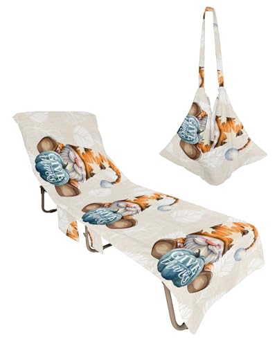 Thanksgiving Beach Chair Towel Covers for Chaise Lounge with Side Pocket, Soft Plush Pool Towels Cover for Patio Sunbathing Outdoor 29''x85'' Pumpkin Gnomes Maple Leaves Watercolor