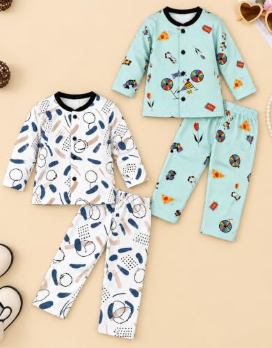 Image of 3BROS Kids Pure Cotton Night Suit Set | Boys Girls Printed Sleepwear Shirt & Pajama Clothing Combo | Soft Breathable Night Dress Outfit | Pack of 2