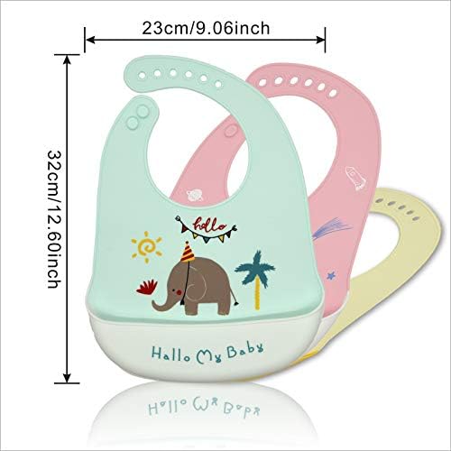 Baogaier Bibs Silicone Baby, 3 PCS Waterproof Weaning Bib for Babies Toddlers with Food Catcher Pocket, Soft Roll Up Easy Wipes Clean Plastic Feeding Bibs for Newborn Girl, Pink Blue Yellow