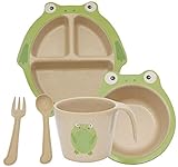 𝗞𝗜𝗡𝗗𝗘𝗥𝗙𝗥𝗘𝗨𝗡𝗗𝗟𝗜𝗖𝗛𝗘𝗦 𝗗𝗘𝗦𝗜𝗚𝗡 : Das 6 Teilige Set Besteht aus einem Frosch Teller mit drei praktischen Aufteilungen einer Breischüssel ( Müslischale, Suppenteller ) inkl. Saugnapf einer Henkel Kindertasse mit einem Frosch Motiv und natürlich einem Kinderfreundlichen Besteck (Löffel und Gabel).