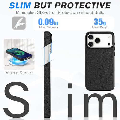 Image of SHIELDON Genuine Leather Case for iPhone 17 Pro Max 6.9 inch, Pebbled Black | Compatible with MagSafe, Magnetic Wireless Charging, Camera Button, Metal Buttons, Camera Bezel, Slim, Shockproof, Women Men