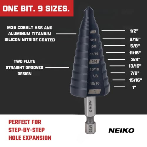 Image of NEIKO 10624B Step Drill Bit, 9 Steps 1 /2 inch to 1 inch Straight M35 Cobalt, AlTiSiN Coated, 1 /4 inch Quick Change Step Bits for Steel, Metal, Wood, Plastic, Unibit Cone Drill Bits, Two Flute