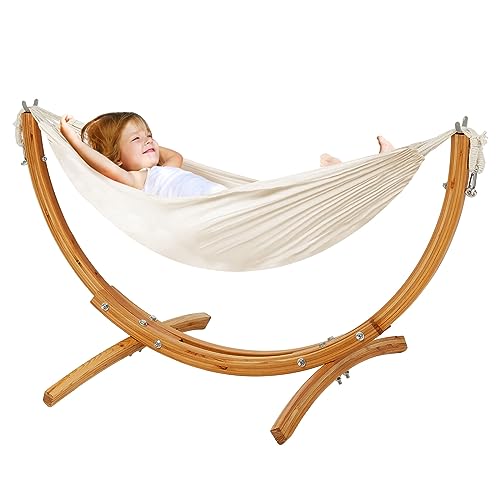 FUNLIO Madera Hamaca con Soporte para Niños de 3 a 5 Años (Altura < 120cm), Soporte de Soporte Hamaca de Madera Maciza Premium, Hamaca más Ancha y Larga con Estructura Estable, Capacidad de 100kg