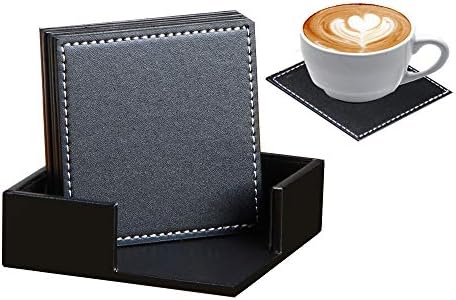 Coaster for Drinks with Holder Set of 6 Square Durable PU Leather Drink Coasters Coffee Cup Pad Dinning Table Mats for Home/Office/Kitchen/Bar,Protect Furniture from Scratch/Stain (Black)