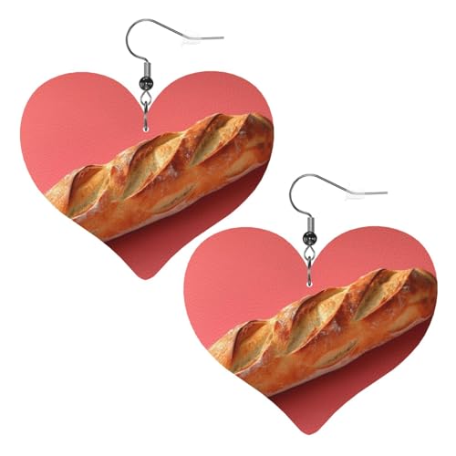 Bread Baguette Earrings for Women PU Leather Dangle Earrings, Lightweight Heart Shape Leather Teardrop Dangly Ear Pendants Jewelry Gift