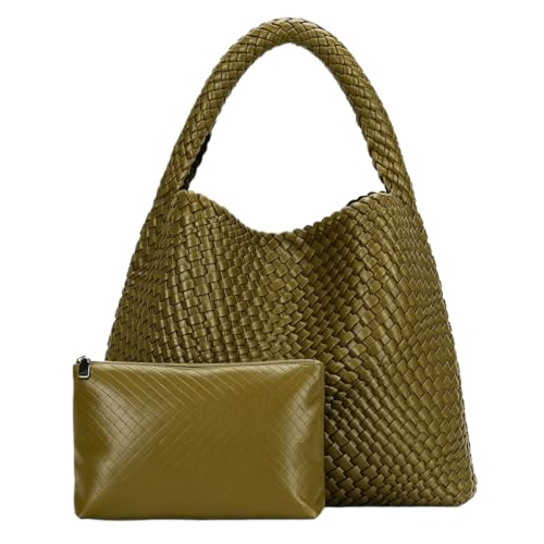 Image of Woven Tote Bag For Women, Large Vegan Leather Travel Handbag, Casual Work Shoulder Bag, Underarm Commuter Hobo Bag With Purse