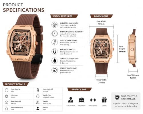 Image of Men's Analog Watch with Skeleton Dial, Rose Gold Alloy Case, Brown Silicone Strap, Quartz Movement, Magnetic Buckle & 30M Water Resistant Wrist Watch