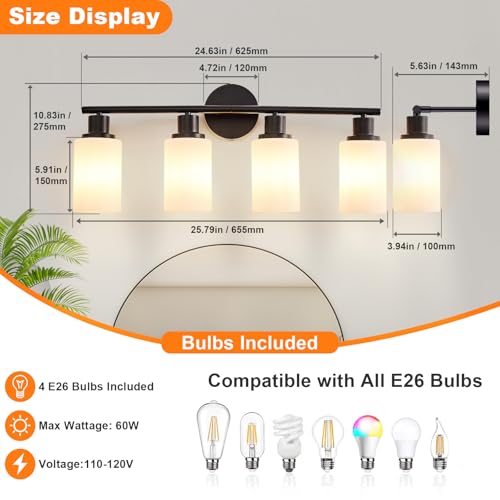 Image of DLLT 4-Light Bathroom Light Fixtures: Black Modern Vanity Lights with E26 Bulbs - Milky White Glass Shade Bathroom Wall Lamp for Mirror Kitchen Living Room Hallway Cabinet Porch