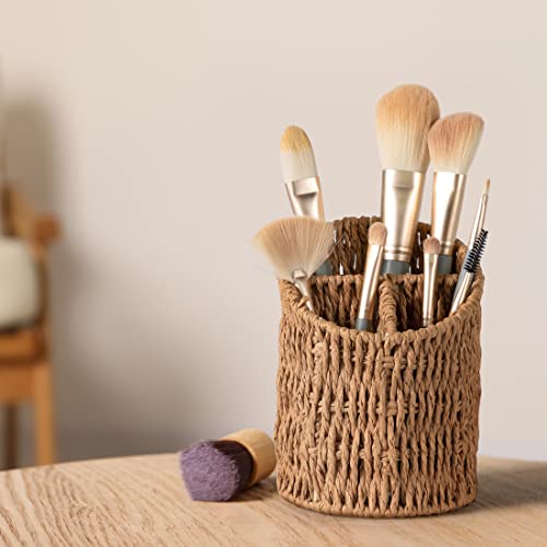 Dingtai Woven Pen Holders Wicker Decorative Pencil Holder Makeup Brush Holder 3 Compartments Round Pencil Holders For Desk Pencil Cups For Office & Home Woven Desk Organizer #TOP1