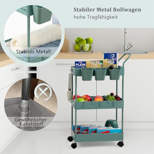 danpinera Rollwagen schmal, Servierwagen mit 3 Etagen, Rollwagen küche mit Trennwänden & Haken & hängenden Bechern, Bastelwagen, Nischenwagen für Küche Make-up Badezimmer Büro, Grün