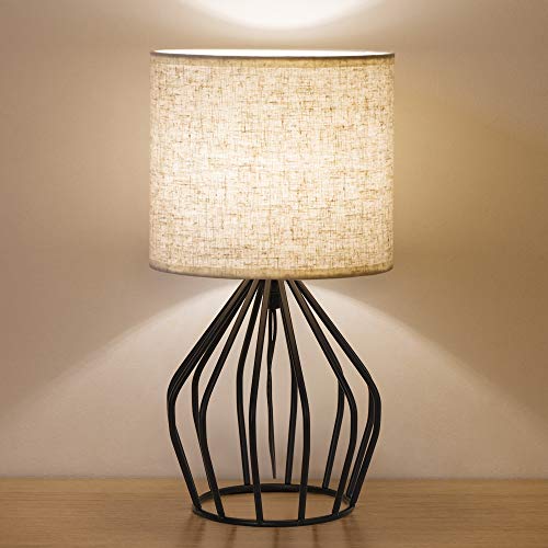 HAITRAL Black Modern Table Lamp – Minimalist Small Bedside Lamp with Hollowed Out Base Linen Fabric Shade, Vintage Nightstand Lamp for Bedroom Living Room Side Table Desk Kids Room
