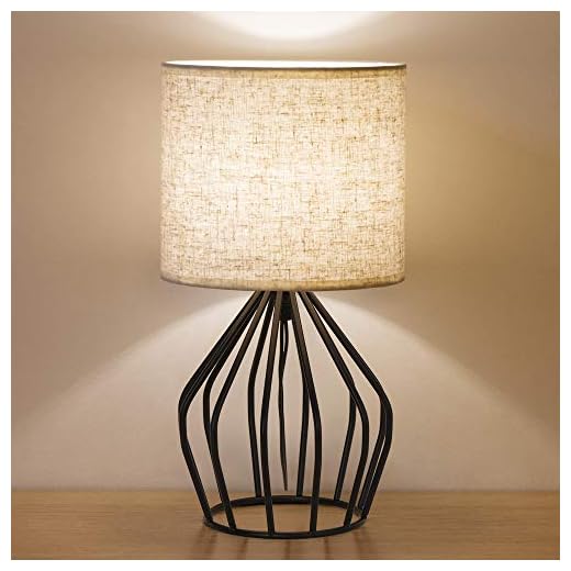 HAITRAL Black Modern Table Lamp - Minimalist Small Bedside Lamp with Hollowed Out Base Linen Fabric Shade, Vintage Nightstand Lamp for Bedroom Living Room Side Table Desk Kids Room