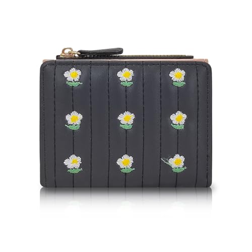 Small Wallets for Women, Bifold Embroidered Flowers Card Holder with Coin Pocket Card Slots ID Window Coin Purse (Black)2
