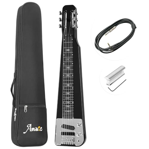 Amuic Lap Steel Guitar, Slide Steel Guitar Electric, 6 Strings Slotted Head Stock Guitars with Gig Bag & Slide Bar (Black Color)