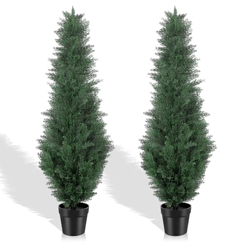 PHYTREE 4FT Artificial Cedar Trees, Set of 2 - UV Resistant Realistic Faux Evergreen Cypress Trees, Adjustable Branches, All Weather for Front Porch, Outdoor Planters, Indoor Home Decor