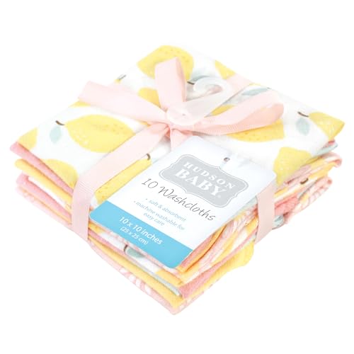Image of Hudson Baby Unisex Baby Flannel Cotton Poly Washcloths, Lemon Daisy 10 Pack, One Size