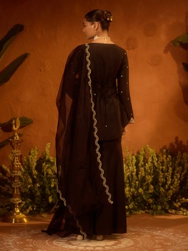 Image of FIORRA Women's Black Viscose Chanderi Embroidered Ethnic A-line Kurta Set with Dupatta