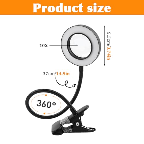 10X Magnifying Glass with Light, 2 in 1 Magnifying Desk Lamp Clip on Mganifier, 3 Color Modes & 10 Brightness Levels, USB Powered Magnifier Light for Bed Crafts DIY Repair(Size:95mm) by Trivolein - Used condition - Image 2