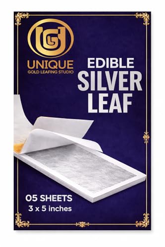 Image of UGLS Edible Silver Leaves 99.9% Pure (Chandi Ka Vark) Silver Leaf ( 5 Pcs ) for Edible Cake Toppers, Sweets Decoration (Mithai), Cake Decoration, Pooja & Jain Temple Use & Many More Uses | (3x5.in /80x130.mm)