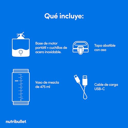 Miniatura 8 de Nutribullet Tritan Batidora Portátil Y Ligera, Minibatidora Con Cuchilla De Acero Inoxidable De 4 Puntas, Batidora Multifunción, Cargador Usb-C Más De 15 Ciclos De Batido, 475 Ml, Nbp003b Negro