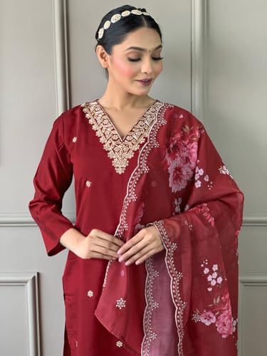 Image of Naixa Women's Red Viscose Silk Embroidered Straight Kurta with Viscose Silk Pant and Organza Printed Dupatta Sets