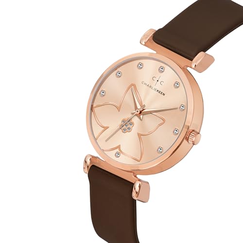 Image of CHARLIEKEEN Women's Watch, Analog Dial with Rose Gold Flower Design, Crystal Accents, Soft Silicone Strap