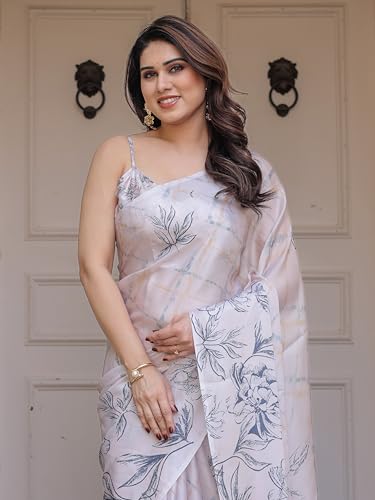 Image of ALMAARI FASHION Women's Floral Printed Georgette Satin Saree with Unstitched Blouse Piece | Traditional Ethnic Wear Sarees | Soft Lightweight Ethnic Office Wear Daily Wear Indian Sari (SG 161-170 H)