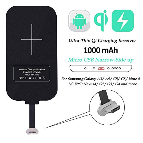 Q1T5 Qi Receiver Micro USB Narrow Side Up, Thin Wireless Charging Receiver, Micro USB Wireless Charger Receiver for Galaxy J7/A3/A9/C5/C8/Note 4/Nexus 4 and Other Micro USB Android Cell Phones