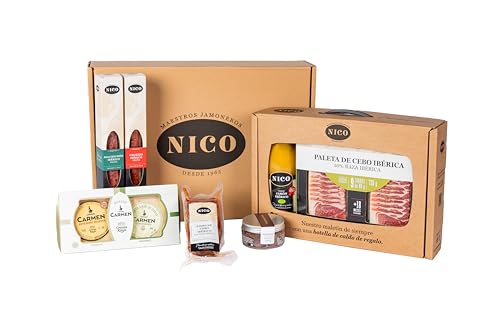 Nico Jamones - Lote gourmet con paleta ibérica, embutidos, quesos, caldo ibérico y trufas artesanas en elegante caja regalo. Perfecto para disfrutar o regalar esta Navidad.