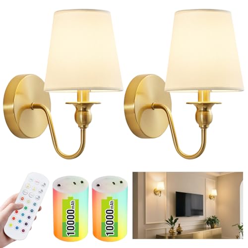 Battery Operated Wall Sconce Set of 2 Wireless Wall Sconces with 10000 mAh RGB Rechargeable Sconces with Remote Cordless Wall Lights for Bedroom Living Room Bathroom Renter Friendly Home Decor (Gold)