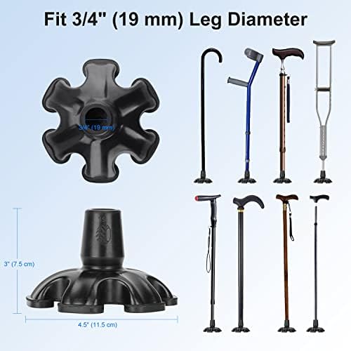 supregear Cane Tips with 6 Prong, 1 Pack 19 mm Heavy Duty Non-Slip 6 Support Self Standing Replacement Rubber Cane Tip for Walking Cane Crutch Folding Cane Accessory, Black