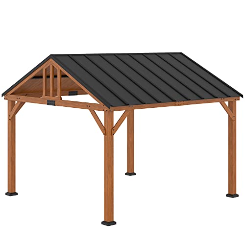 Outsunny 11' x 12' Hardtop Gazebo with Wooden Frame and Waterproof Asphalt Roof, Permanent Pavilion Gazebo Canopy, for Garden, Patio, Backyard, Deck, Porch, Brown